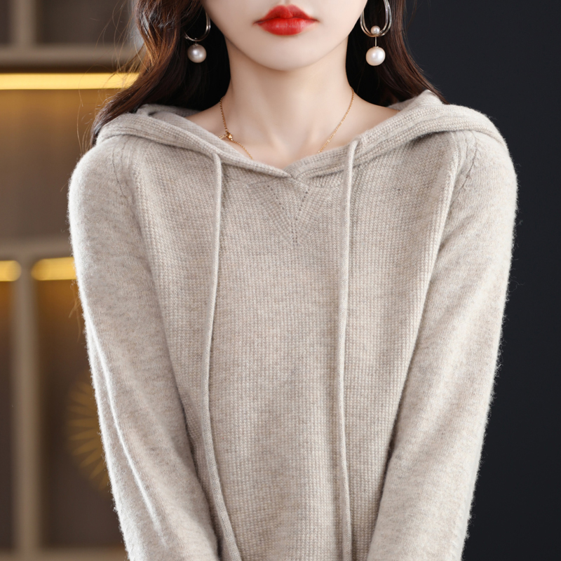 抽绳连帽宽松毛衣女100%纯羊毛长袖套头针织衫宽松打底卫衣