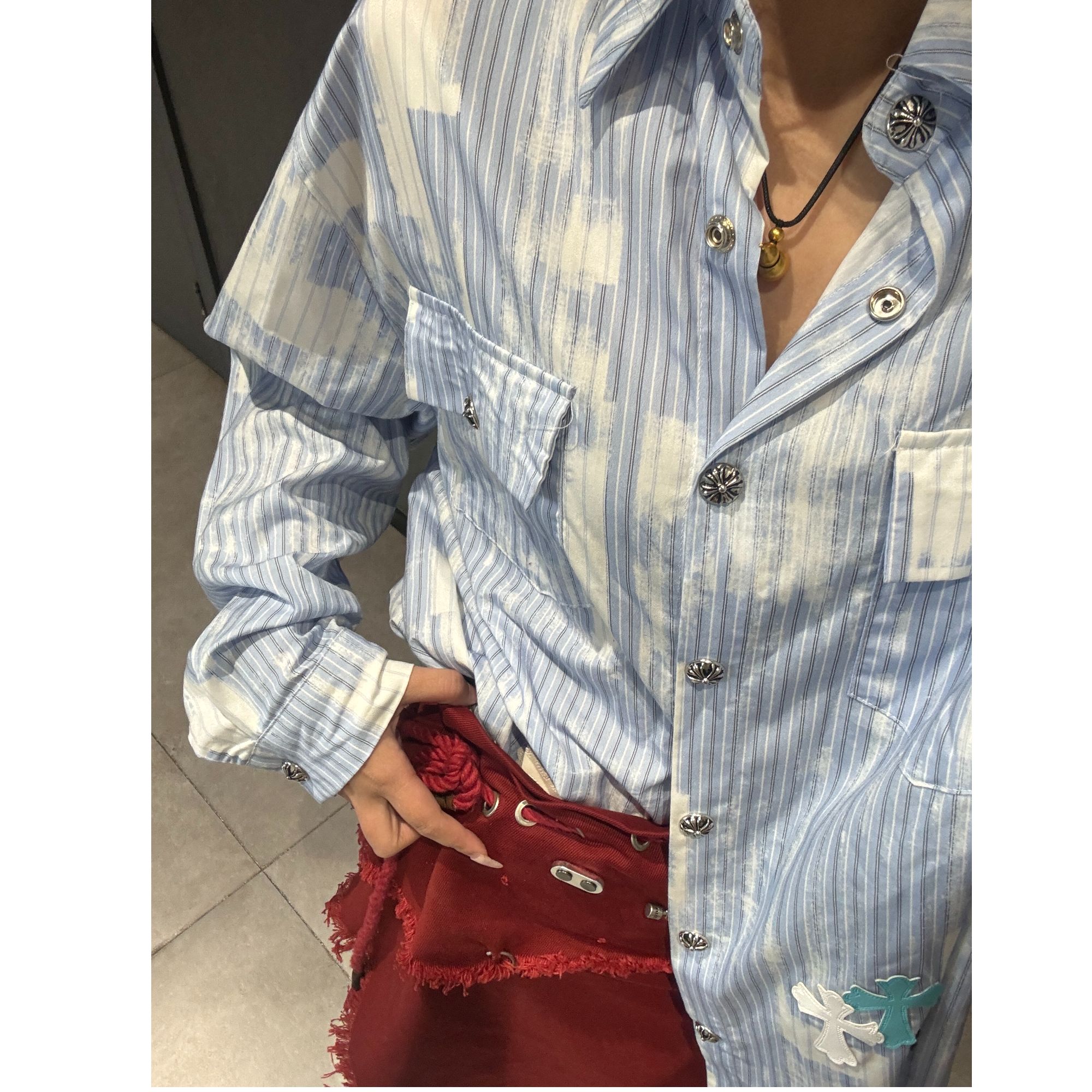 扎染条纹长袖衬衫外套宽松设计感潮牌衬衣123-5