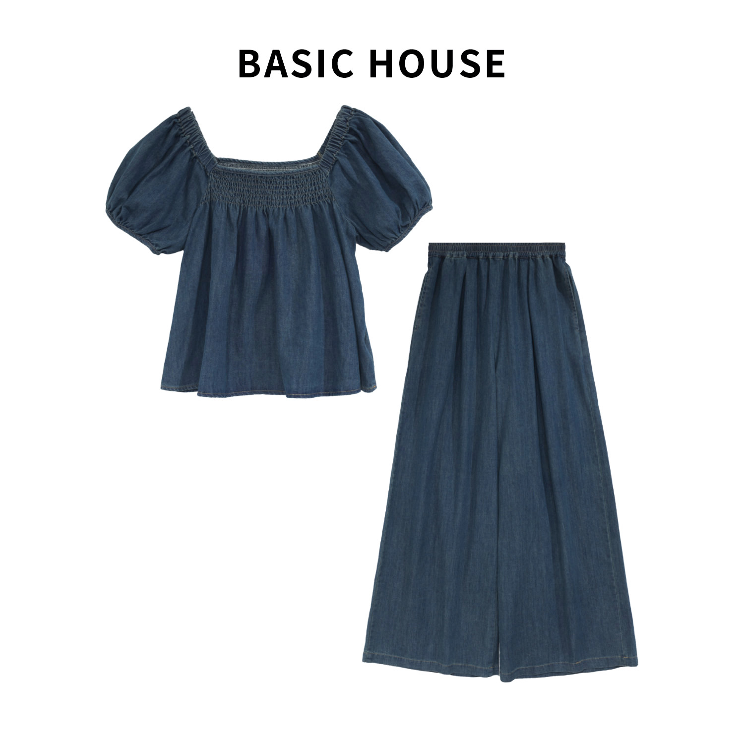 Basic House/百家好牛仔夏季气质宽松显瘦短袖套装B1385B5HI12