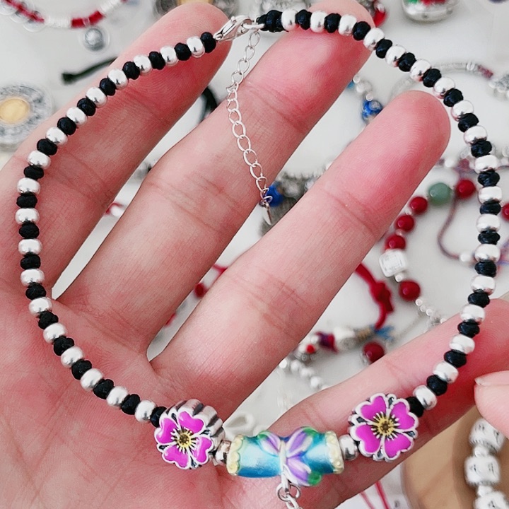 珐琅吊坠足银脚链