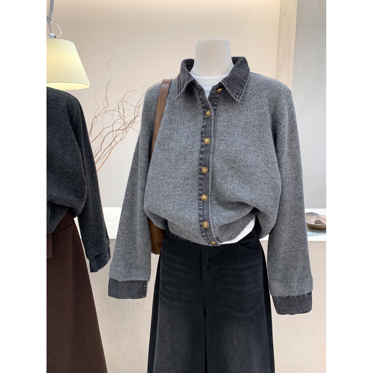 时尚假两件牛仔拼接Polo领毛衣女冬季新款针织衫保暖翻领上衣