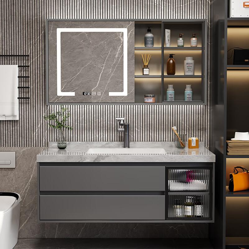 【岩板无缝盆】简约风卫生间浴室柜洗漱台洗脸盆柜组合洗手台盆镜柜