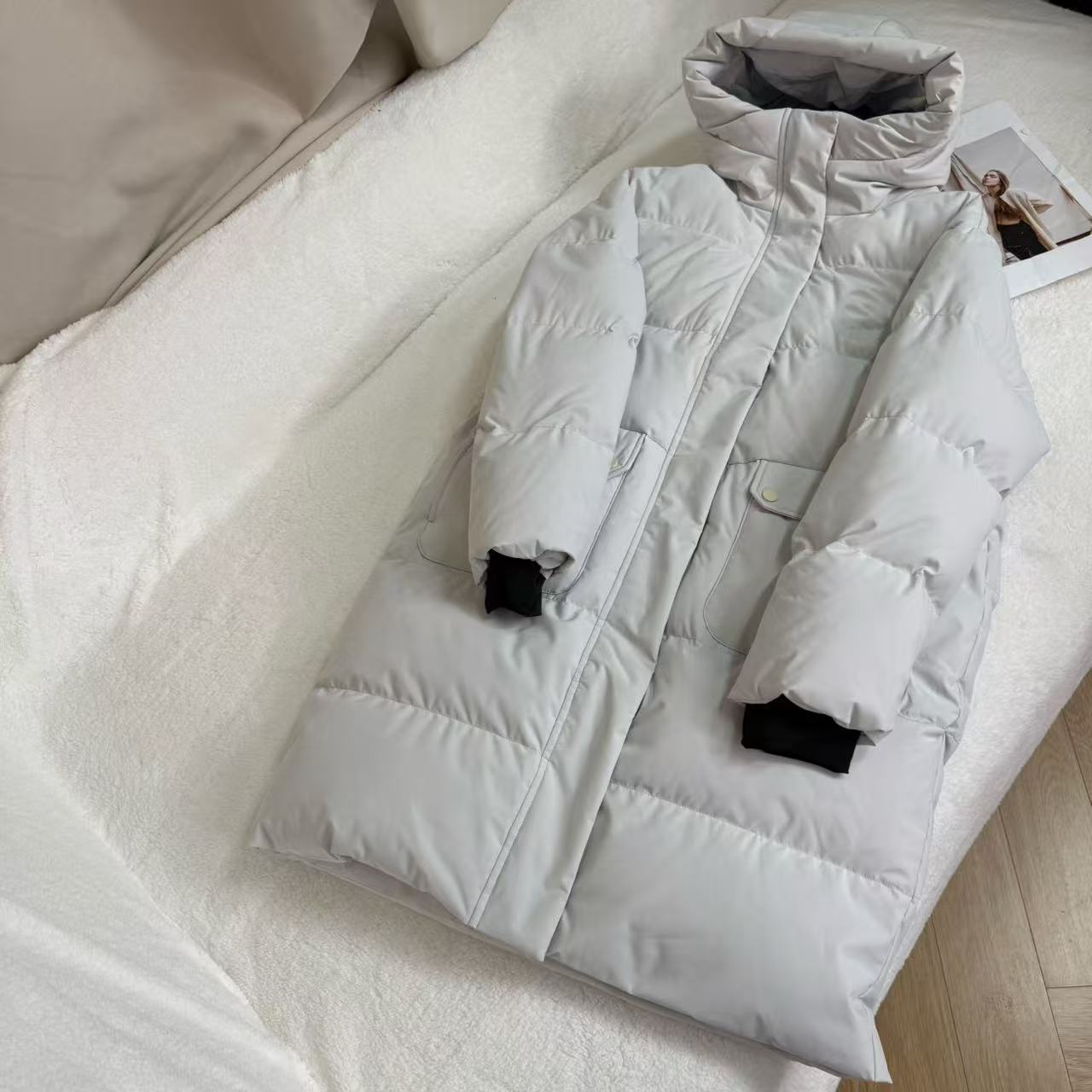 冬季长款连帽简约百搭双口袋设计羽绒服Y1372