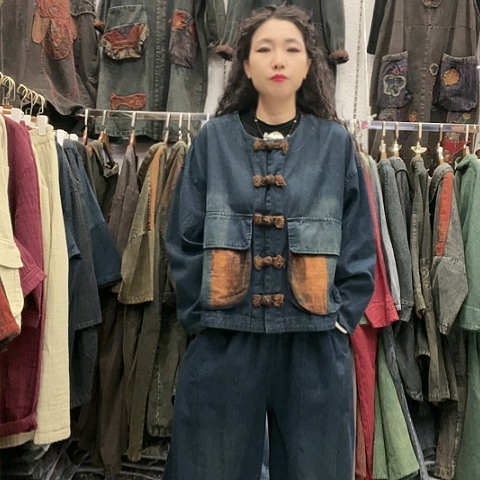 刺绣招财猫牛仔盘扣南瓜裤套装，兰