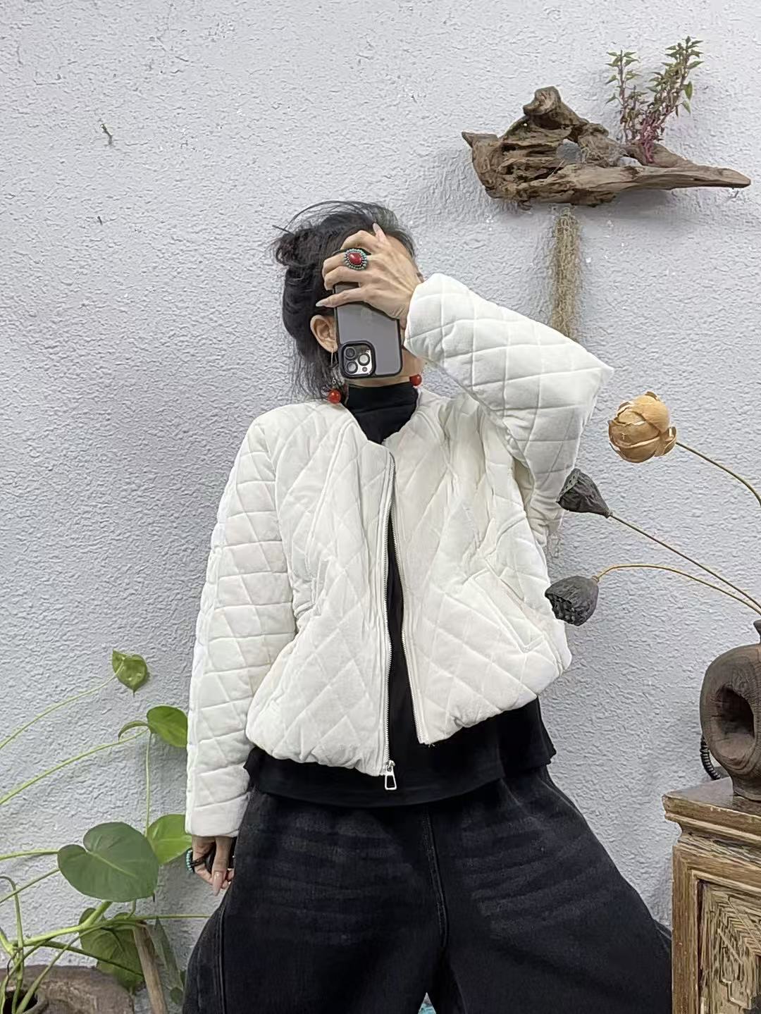 7864夹棉圆领金丝绒菱形压棉拉链棉袄外套（长55胸围154