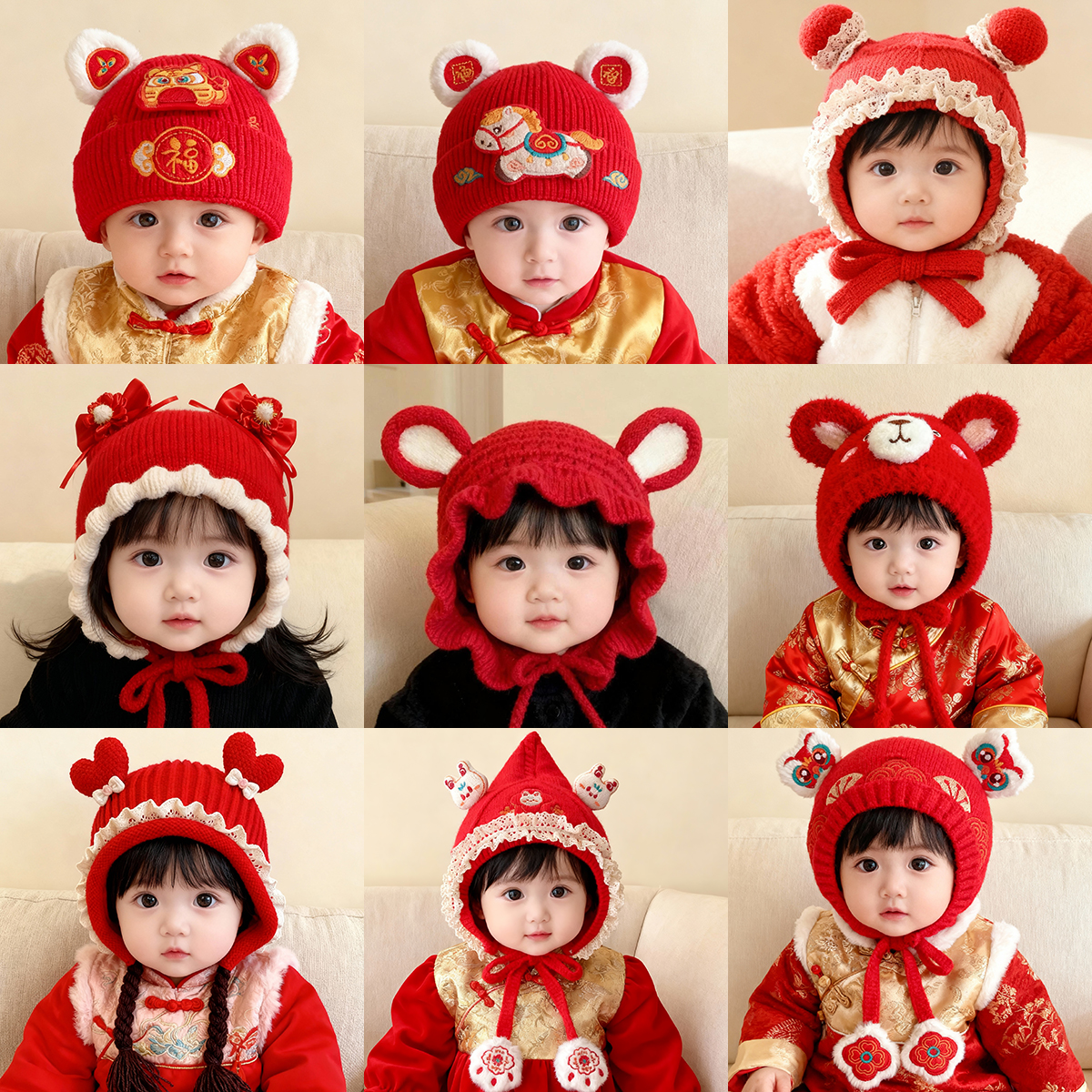 【48码 头围44-47cm】新年红色儿童帽子毛线喜庆护耳加内衬男童女宝