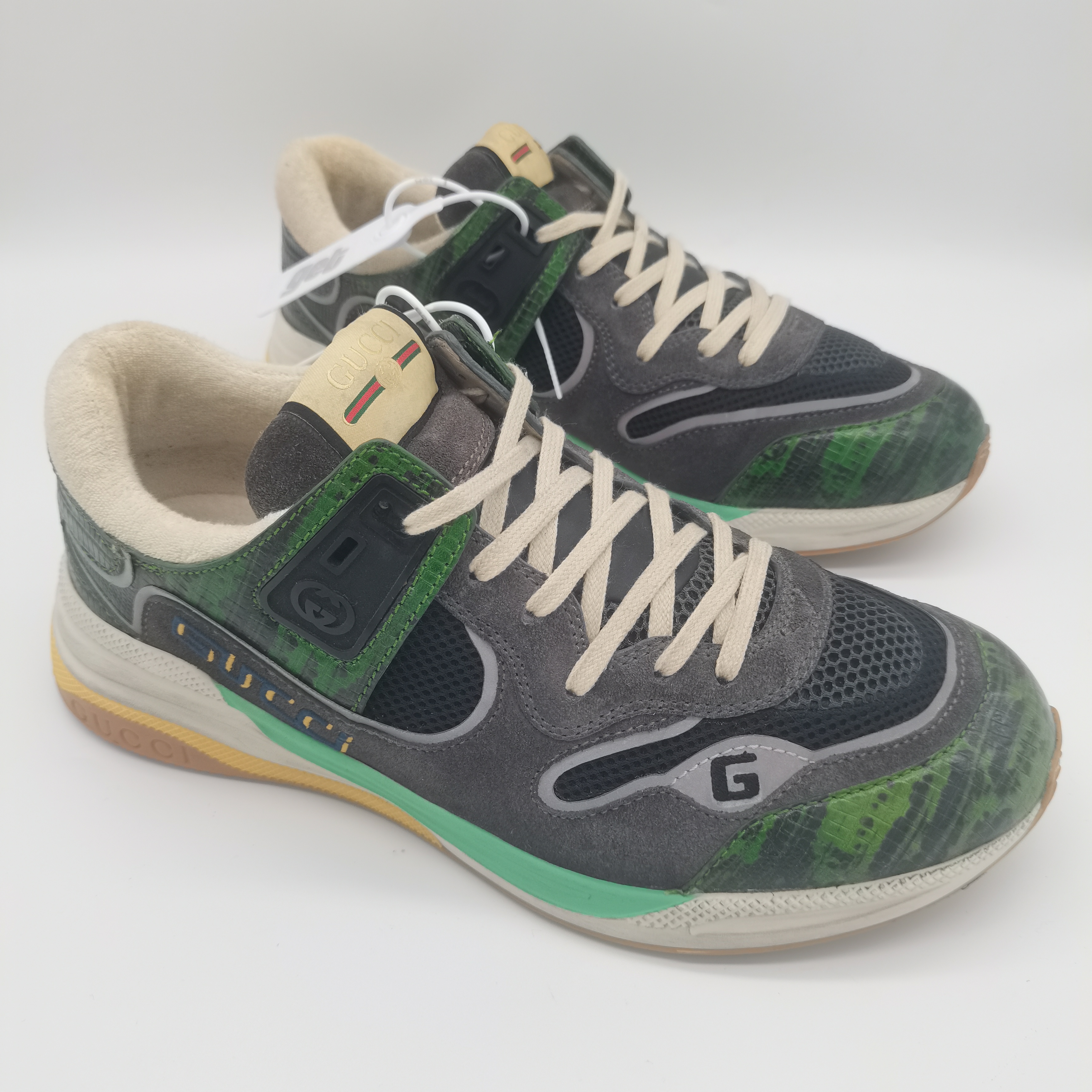 99新 GUCCI/古驰 Ultrapace系列灰绿色复古休闲运动鞋9.5欧GS1074