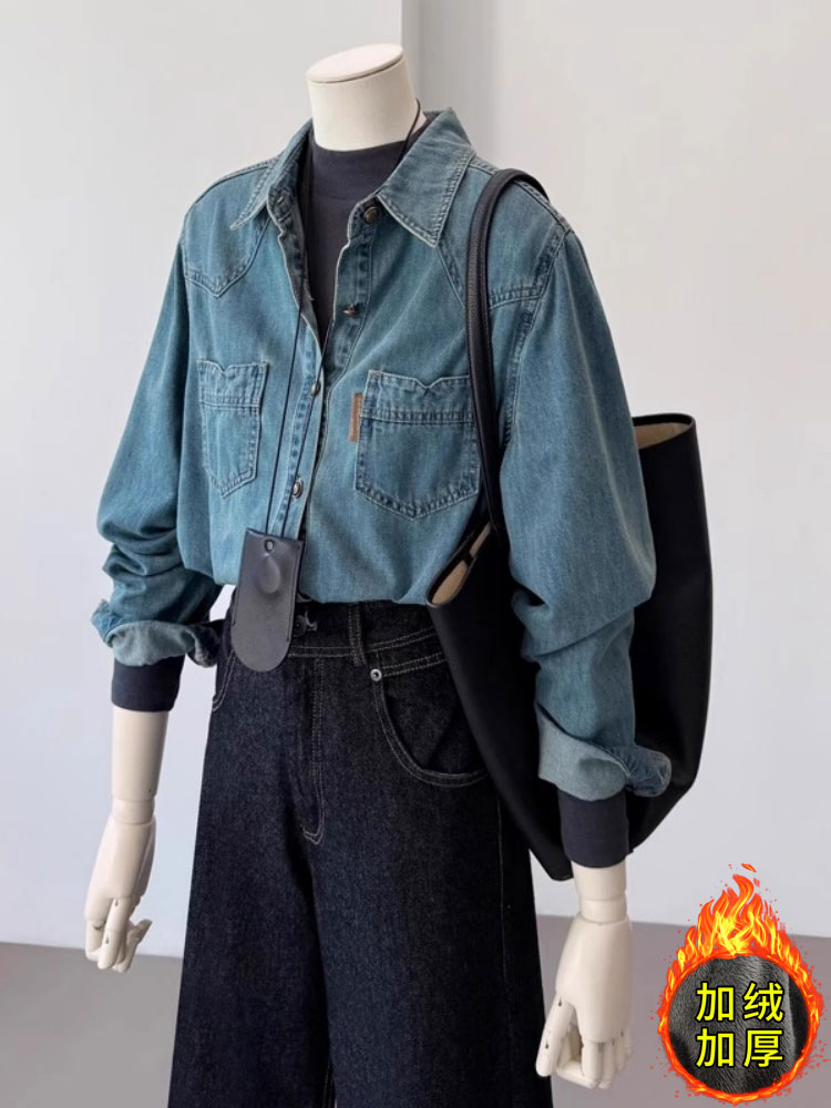 高品牛仔衬衫外套秋冬叠穿加绒设计感百搭小个子正肩复古港风上衣