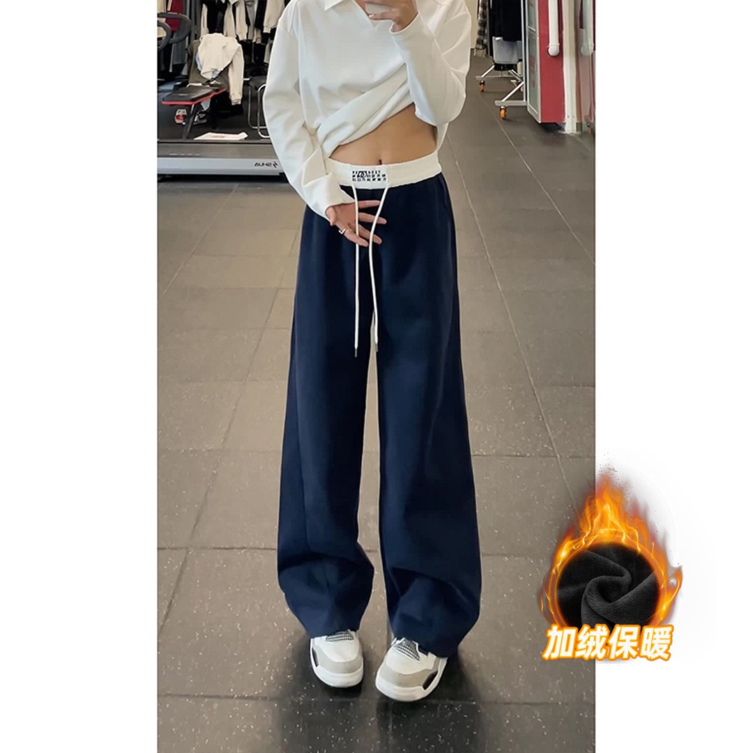 藏青色加绒美式弯刀卫裤男秋冬垂感直筒阔腿裤cleanfit运动休闲裤