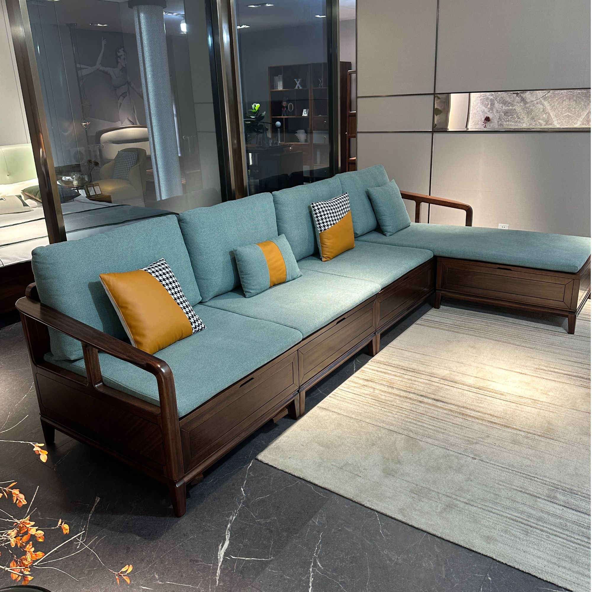 尾货乌金木粗棉麻高端实木中式转角储物全实木乌金木沙发组合