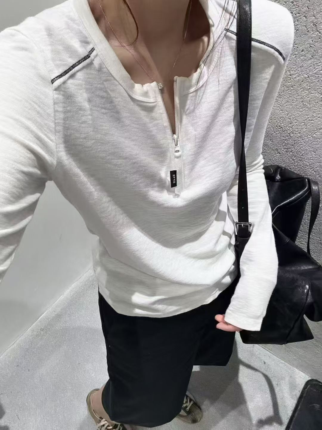 【秋季】秋季时尚新款半拉链设计感圆领T恤显瘦百搭气质长袖上衣