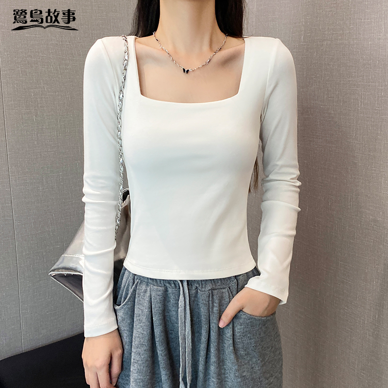 鹭岛故事白色方领长袖t恤女春秋2025新款内搭修身打底衫显瘦上衣