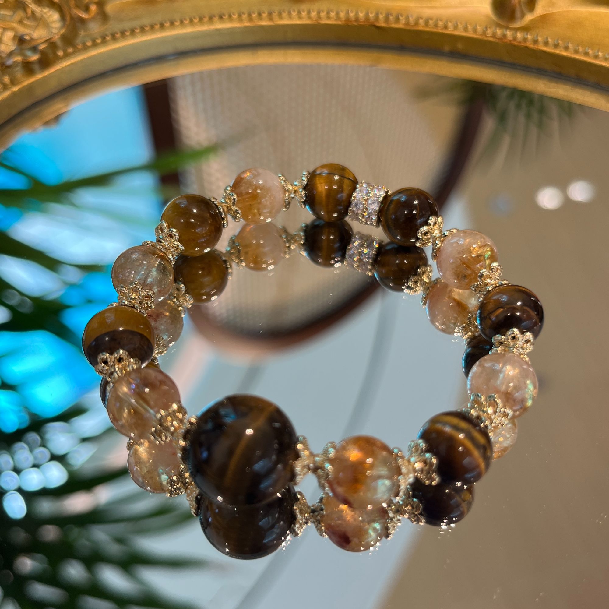 【金霸】10mm黄水晶+10mm虎眼石+14mm顶珠 天然黄水晶手串女款A243