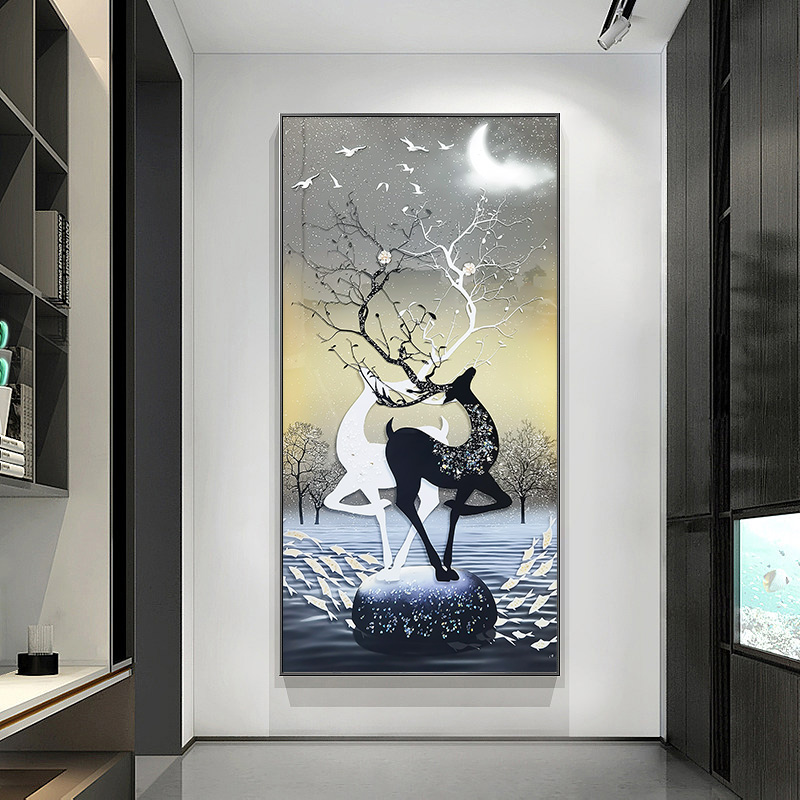 简约玄关过道挂画烤瓷镶钻装饰画小鹿高端奢侈壁画鹿266
