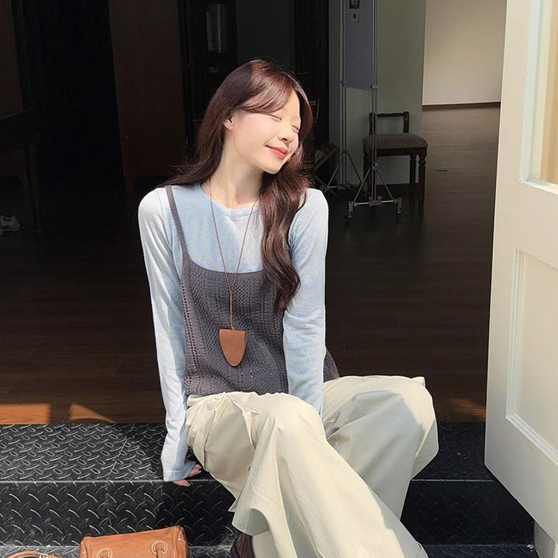 早秋女针织镂空极简风原宿风毛针织衫显瘦两件套