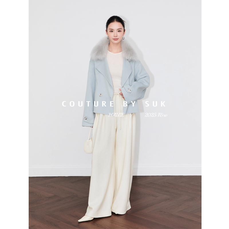 SUK【秋日绒绒】狐狸毛领蓝色气质短款廓形羊毛毛呢外套女SK5409