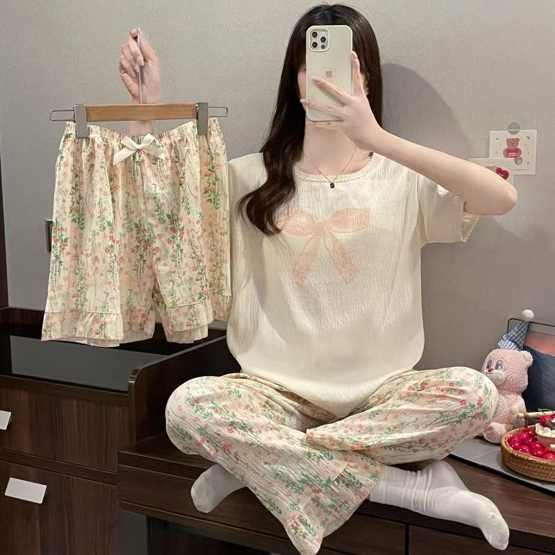 蝴蝶结花卉云朵棉三件套带杯垫短袖短裤长裤氛围家居服睡衣2247