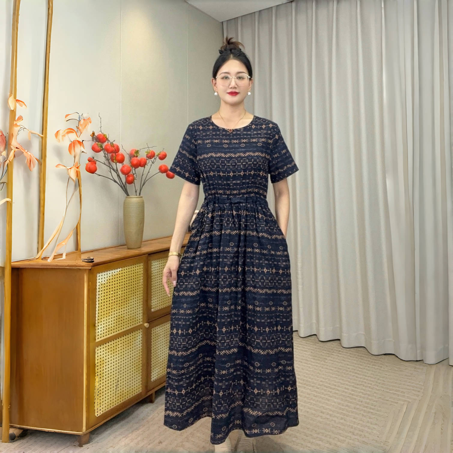 蔓络衣品-春夏文艺收腰甲骨文棉麻连衣裙