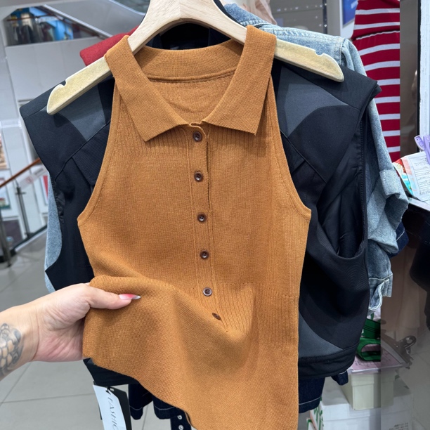 韩版短款常规款设计感无袖毛针织衫v领夏季翻领