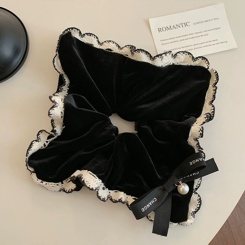 韩系小香风丝绒蕾丝方巾发圈女高级感