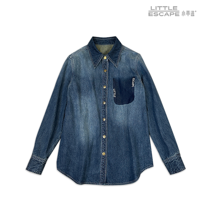 小乖逃X加厚磨毛牛仔蓝色衬衫洗水牛仔渐变口袋简约宽松231165