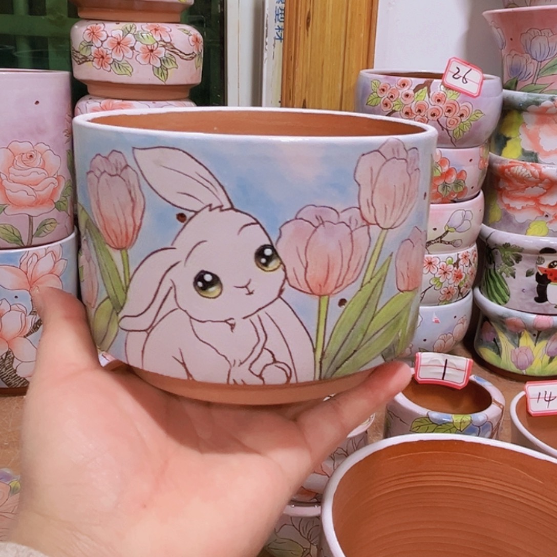 ***冰多肉花盆手绘景德镇