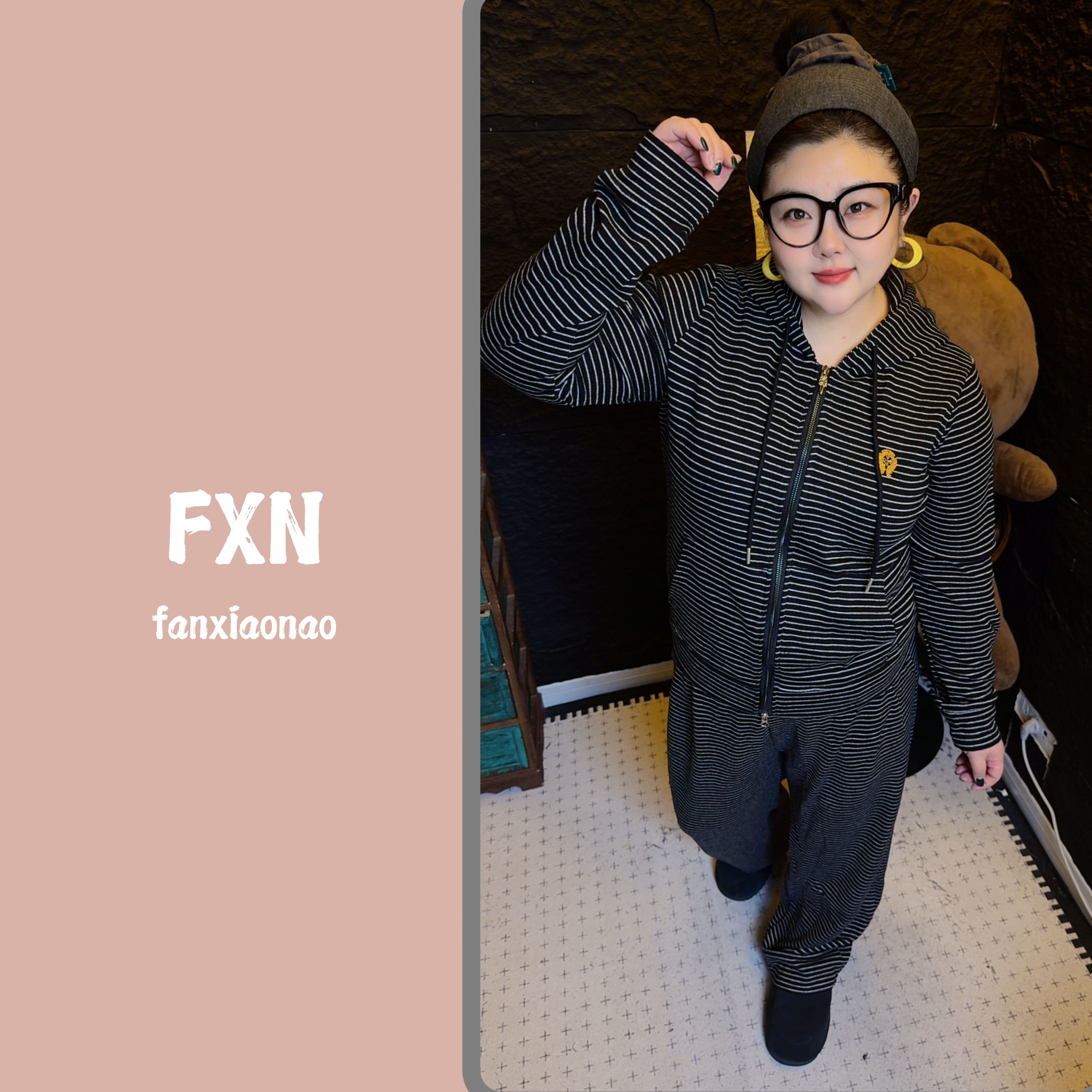 【FXN】条纹连帽显瘦休闲套装