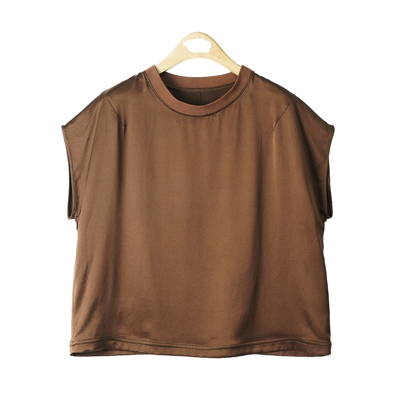 【100%桑蚕丝】螺纹领口缎面短袖上衣