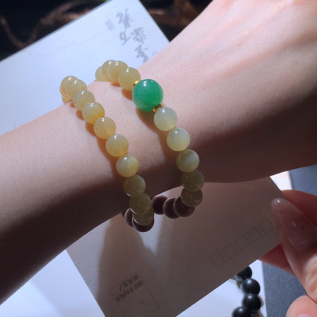 翡翠手串未镶嵌天然无烧的黄翡珠串卡7-11