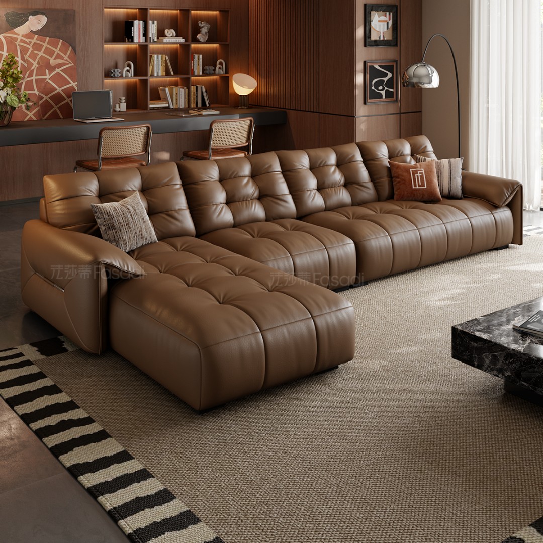 法莎蒂【SF1290#】泡芙真皮大黑熊钢琴键多人位贵妃沙发