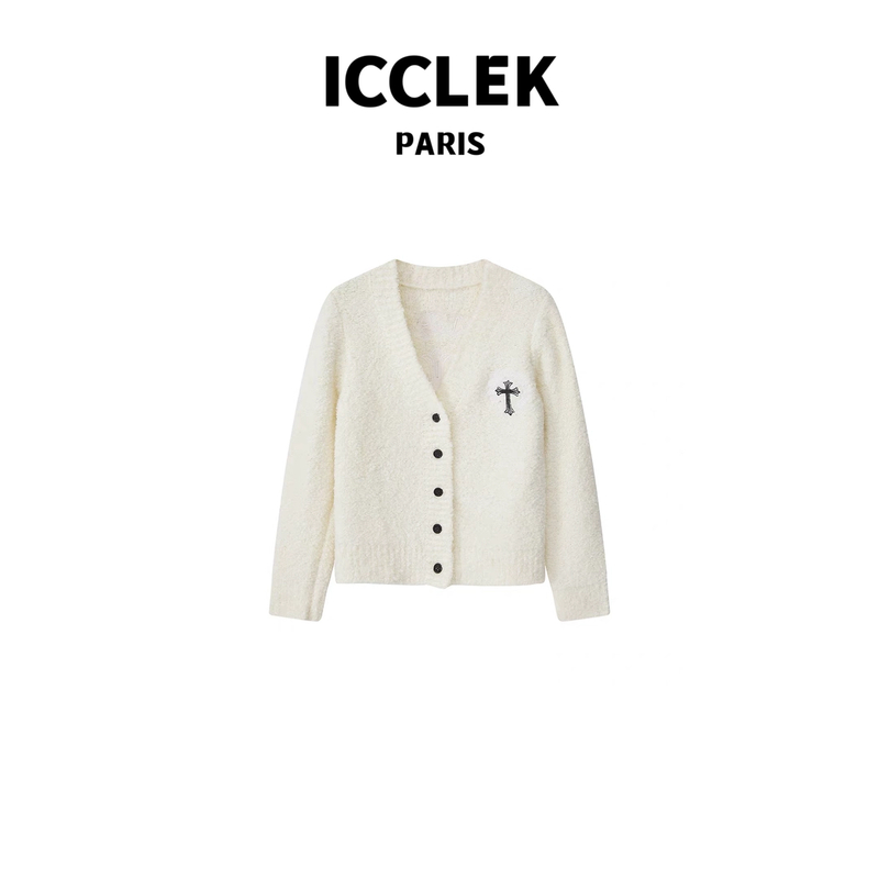 ICC 白色V领十字架刺绣针织衫 时尚 圆领 秋冬 -5126
