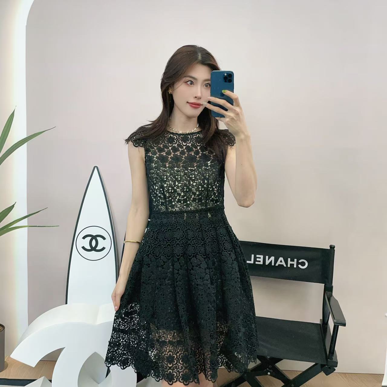 95新 Moschino/莫斯奇诺 麦殿/长裙镂空黑色38码/250404WRRZF06
