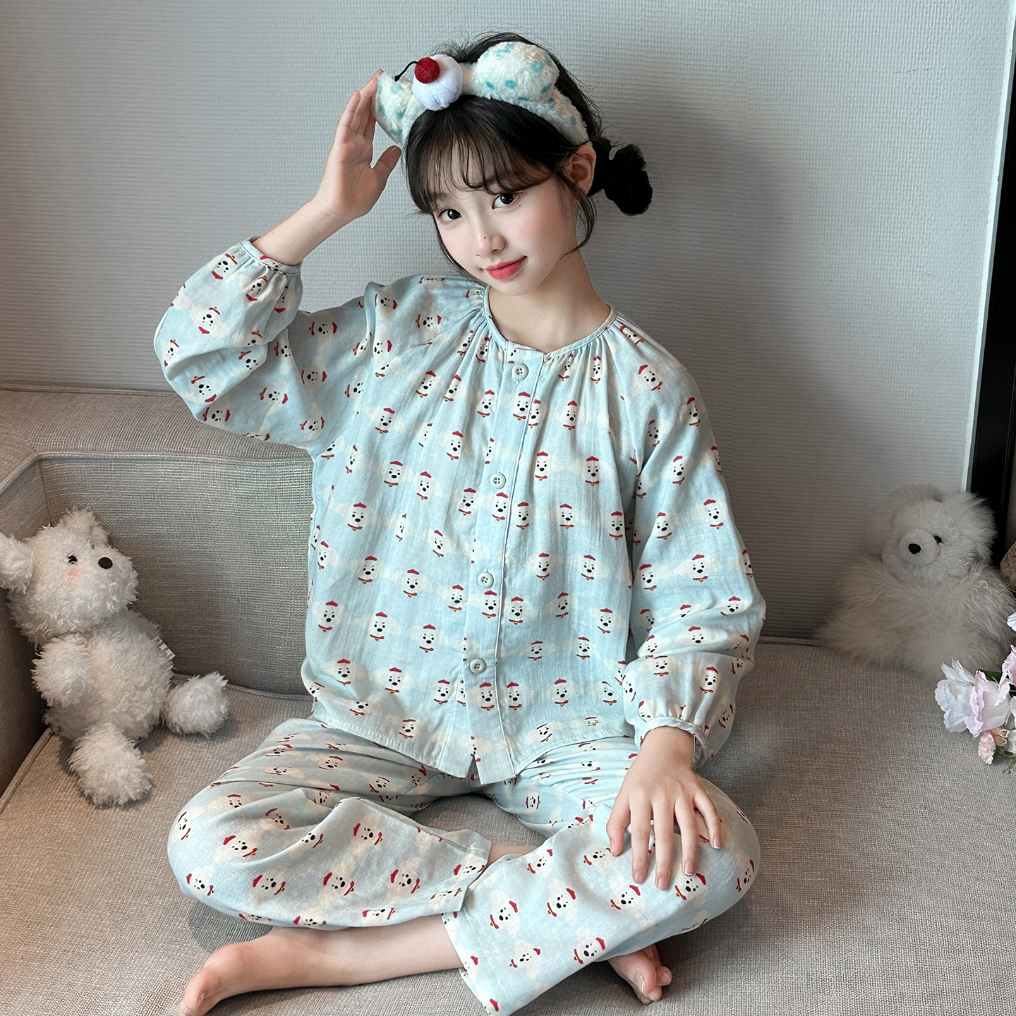 女童睡衣春秋长袖2025新款儿童开衫家居服棉纱薄款儿童公主风睡衣