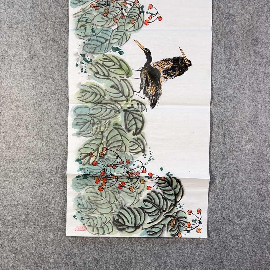 国画458 花鸟在树丛的顶端鸣叫叫声响