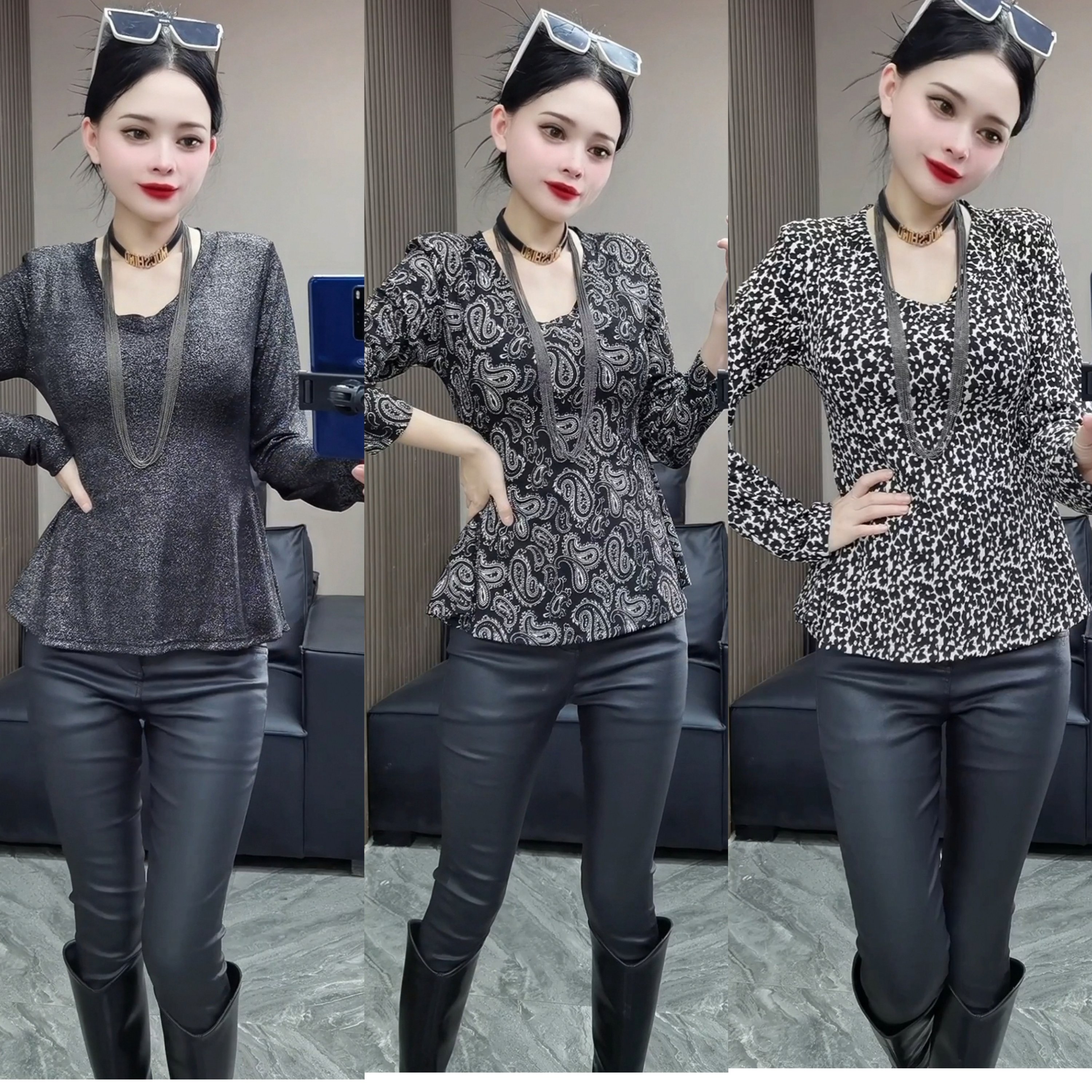 25260#zH新款V领打底衫女秋冬网纱a字下摆上衣修身显瘦长袖小衫