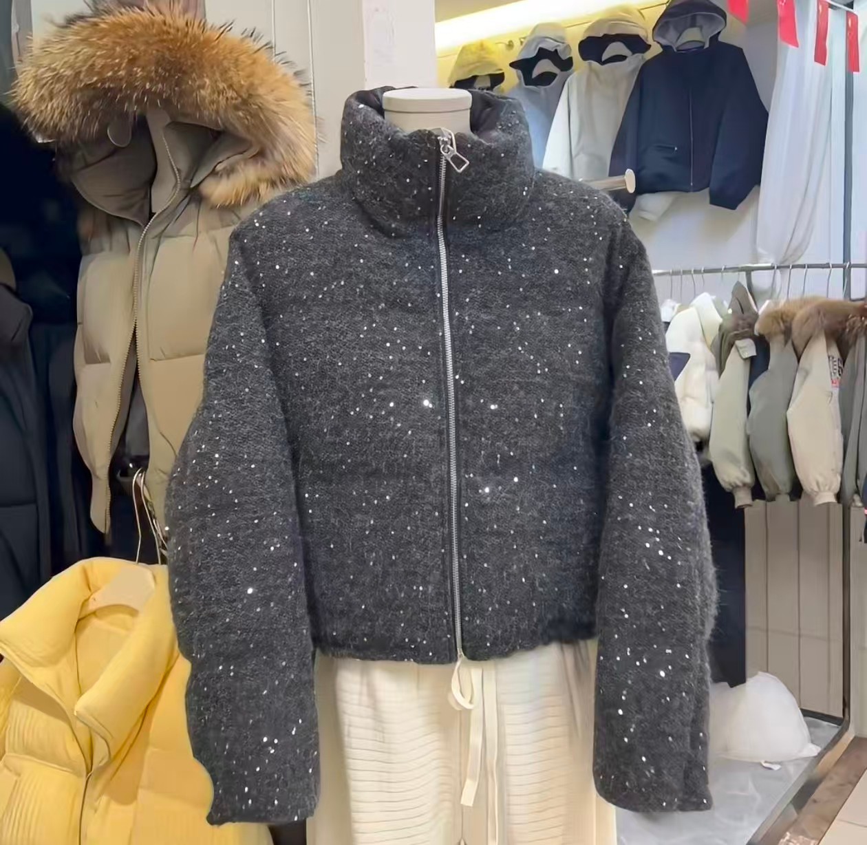 9128-1-DQ深灰色时尚立领亮闪闪加厚短款外套(80-135)