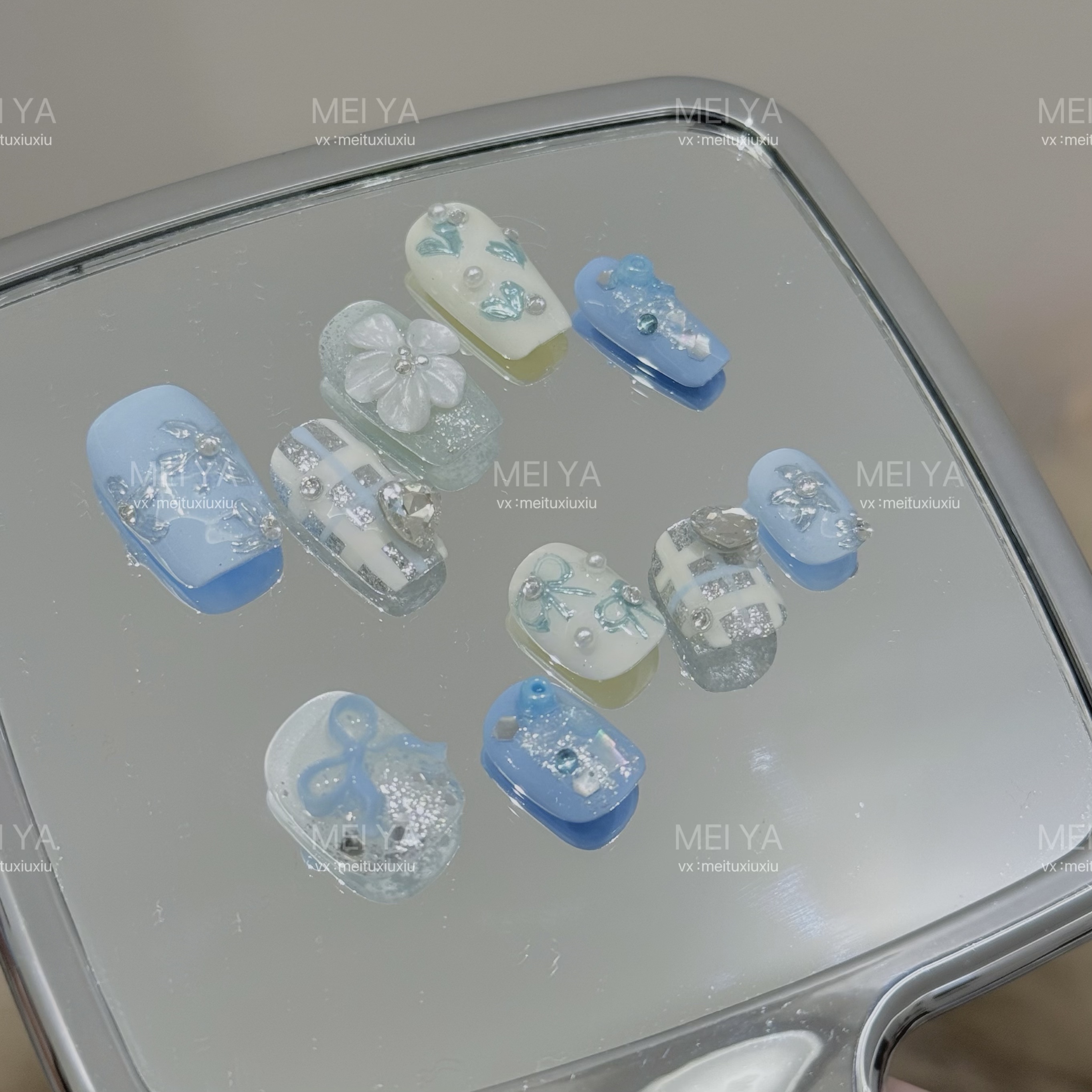 【奶蓝魔镜】粉海盐风显白甜酷可爱手工穿戴甲100%纯手工绘制美甲