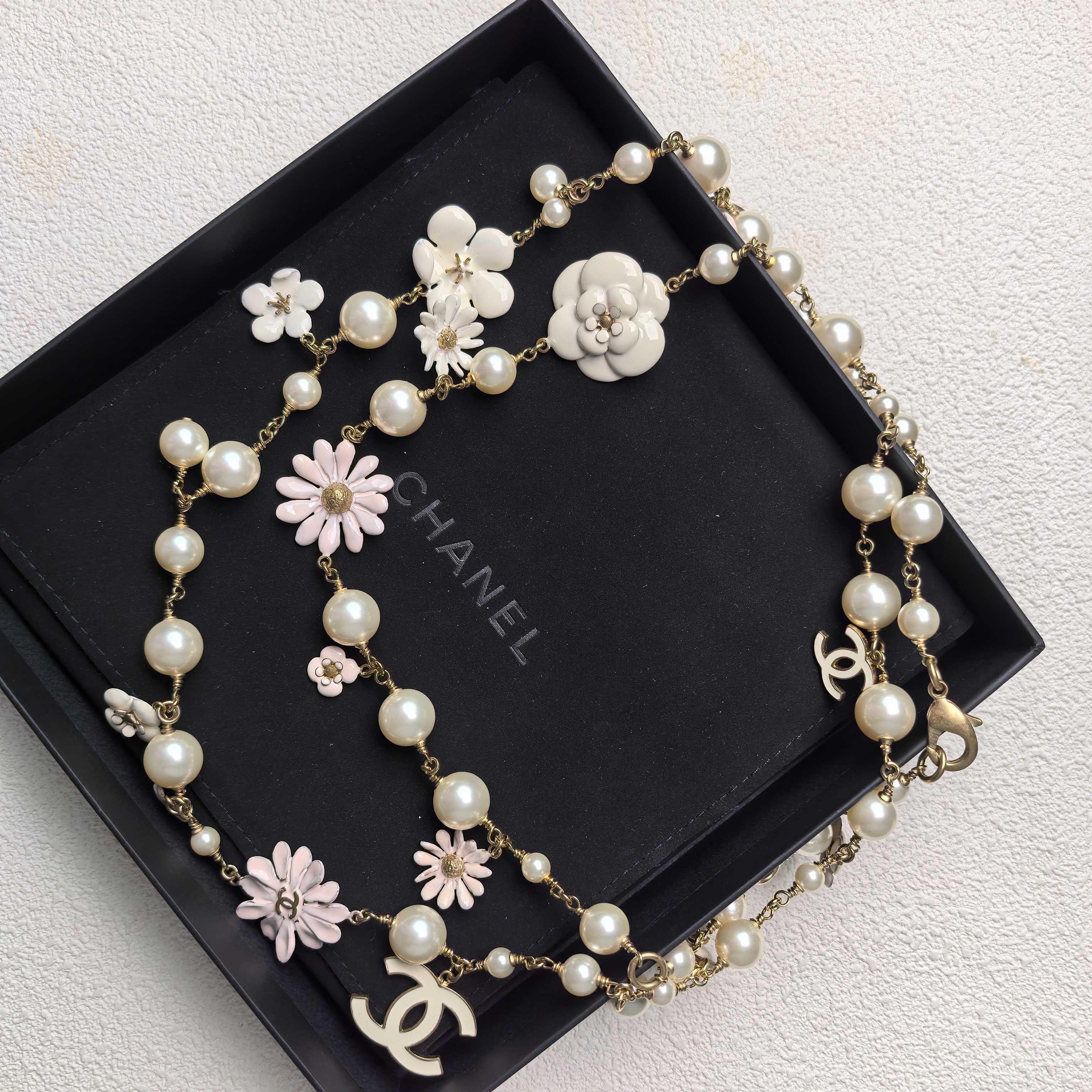95新 Chanel/香奈儿 泡泡中古Chanel珐琅山茶花珍珠项链