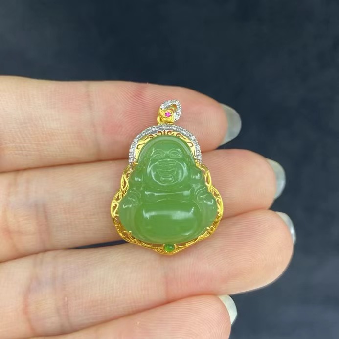 【华林同庆】18k金和田玉苹果绿佛公吊坠 不含链 Y01