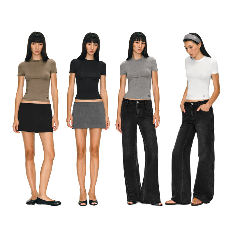 PUKI【0压感】修身显瘦舒适上衣短款百搭 高弹圆领正肩纯色基础T恤