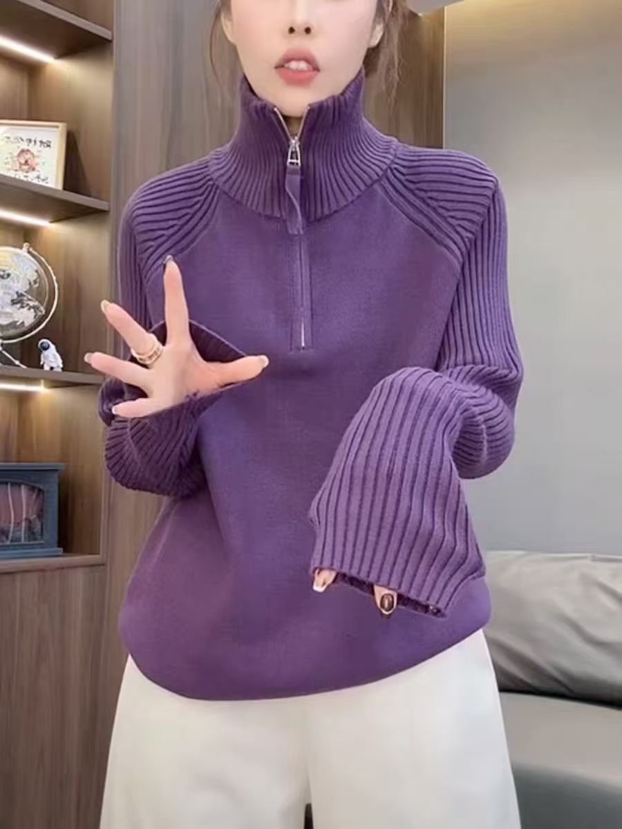 敏子家紫色宝8386高领半拉链长袖女针织毛针织衫针织衫