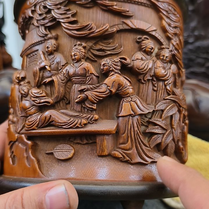 画***鸟家具紫檀木类老竹雕文房笔筒