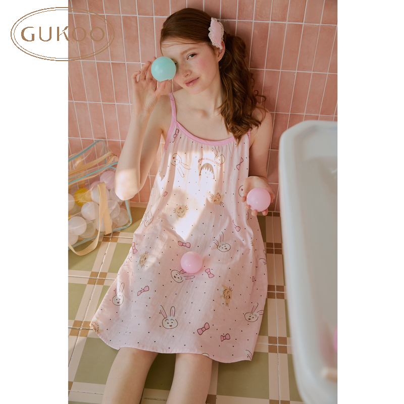 【Gukoo果壳】甜美可爱女夏季纯棉樱桃小丸子吊带睡裙女家居可外穿