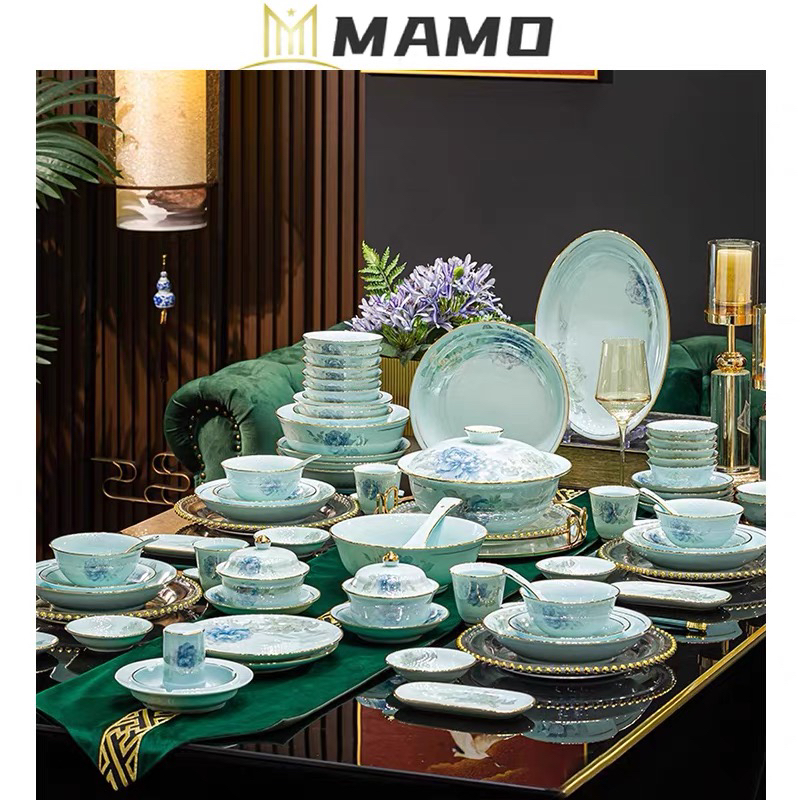 土金边青瓷餐具套装家用高颜值山水画碗碟