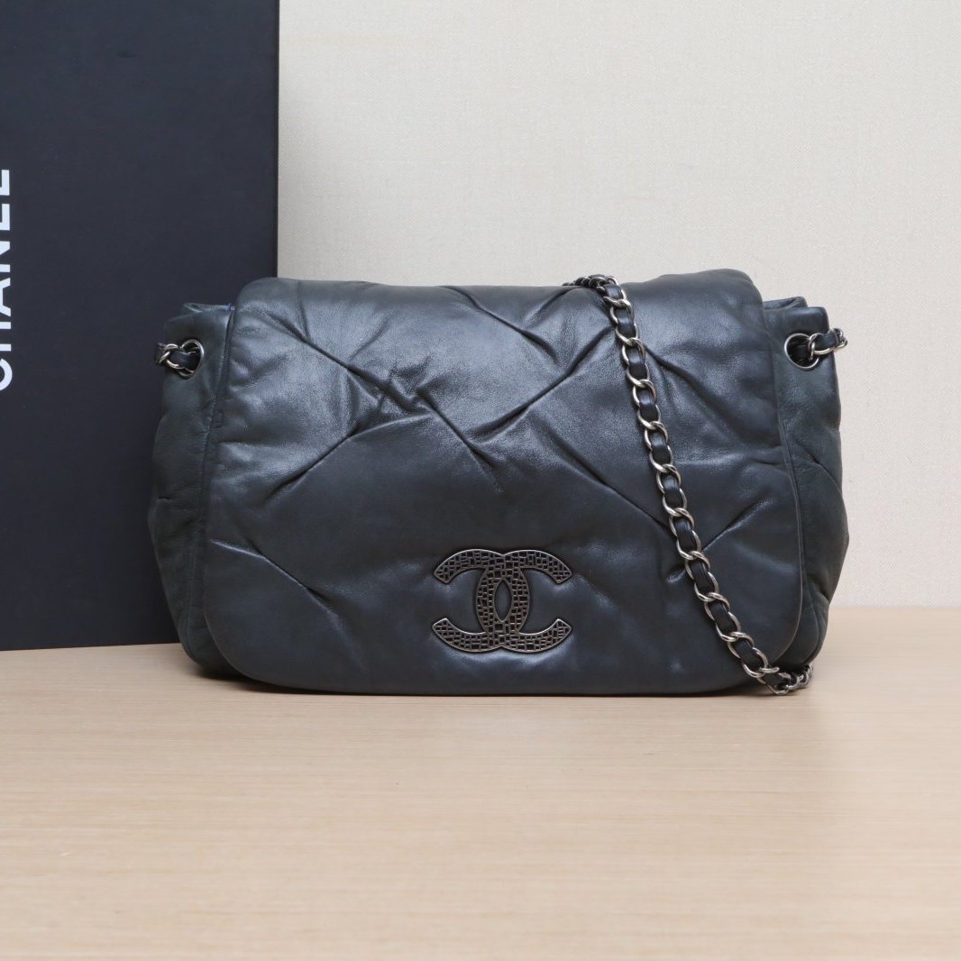 95新 Chanel/香奈儿 【攀攀双双】墨绿色科技布14开南瓜包链条包 