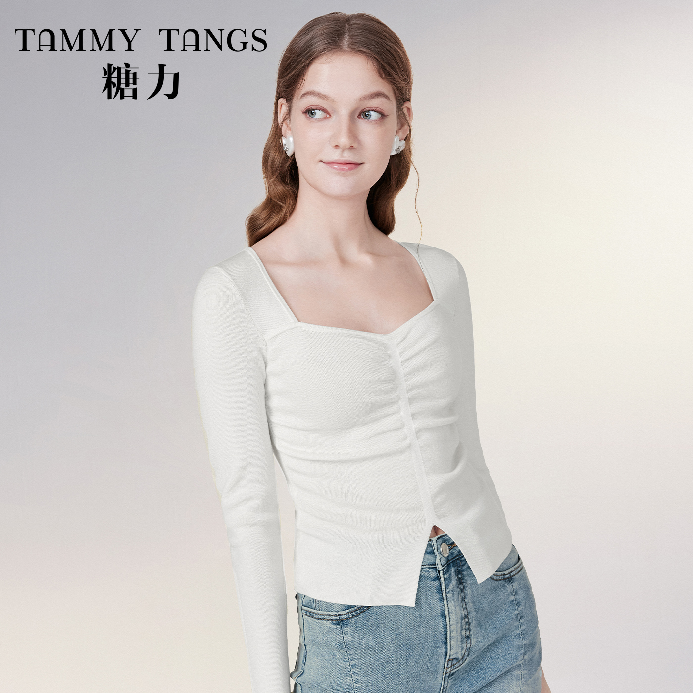 6456【金拐子专属】糖力法式方领套头显瘦针织衫女TWRCS46456