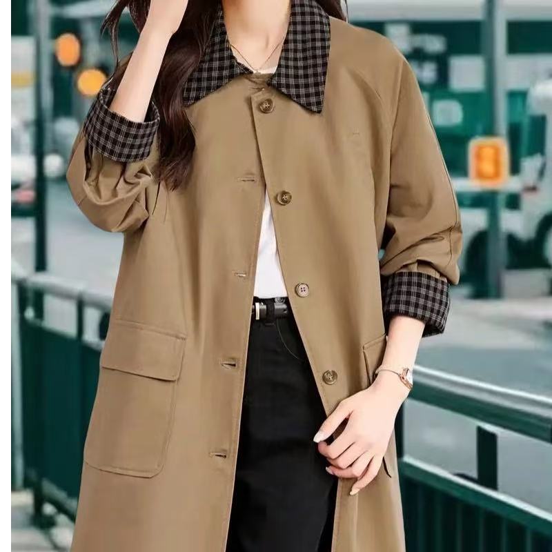 长袖短款女常规款卡其绿女士风衣拼接宽松秋季气质
