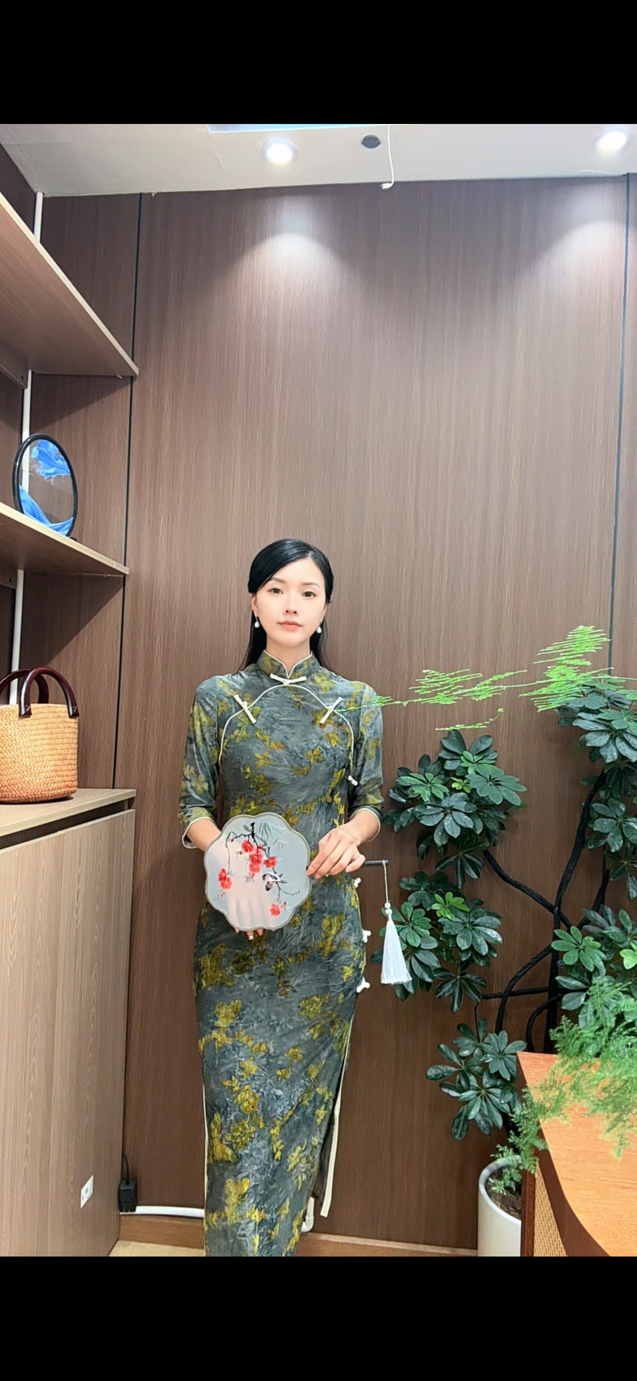 ins斜襟碎花植物花卉日常旗袍绿色气质植绒七分袖