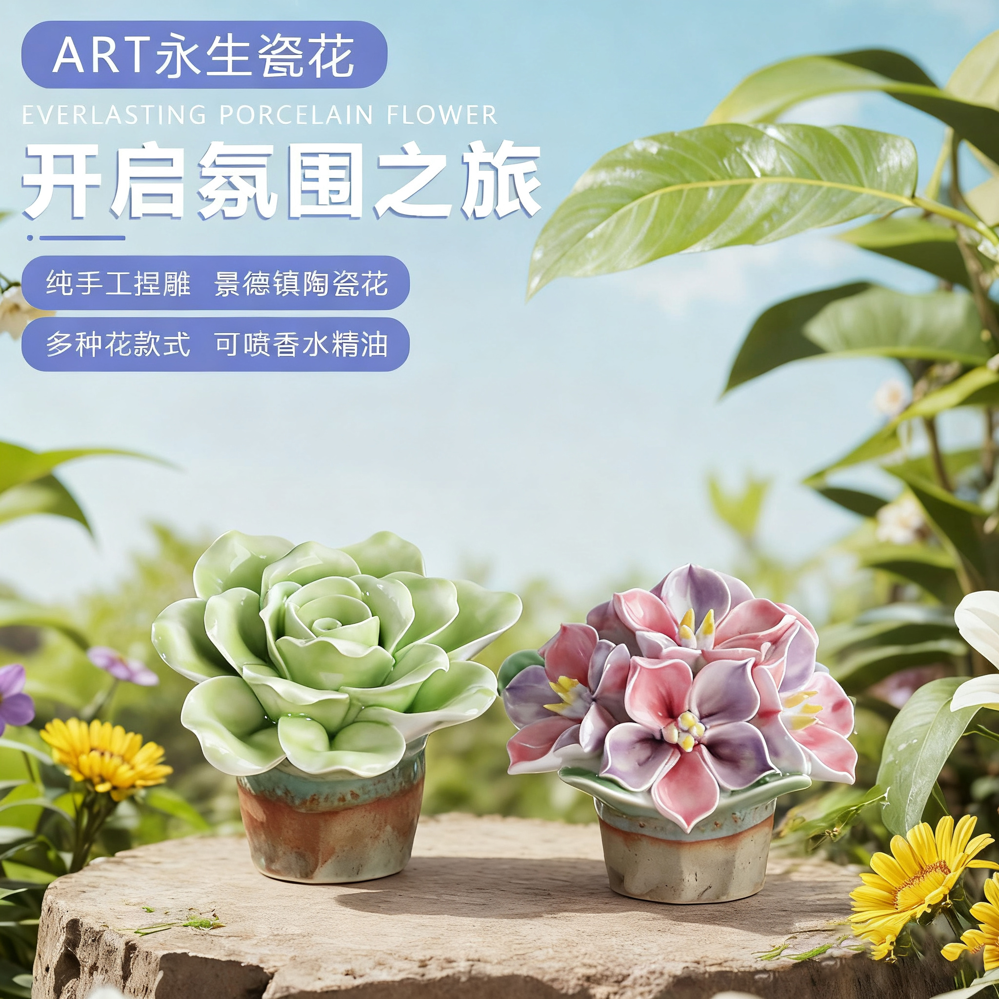 景德镇陶瓷花朵纯手工陶瓷花diy陶瓷花束永生花送女友送闺蜜礼物