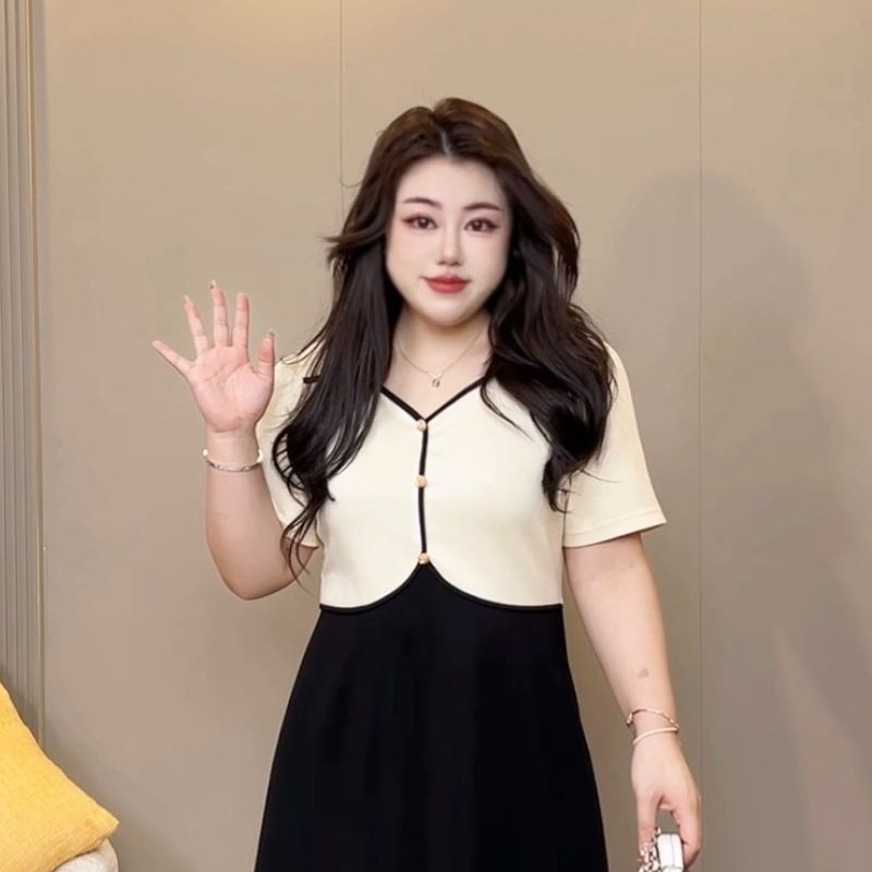 【玲胖胖 韩气夫人】夏季气质显瘦遮肉a字连衣裙大码女装LPP61040